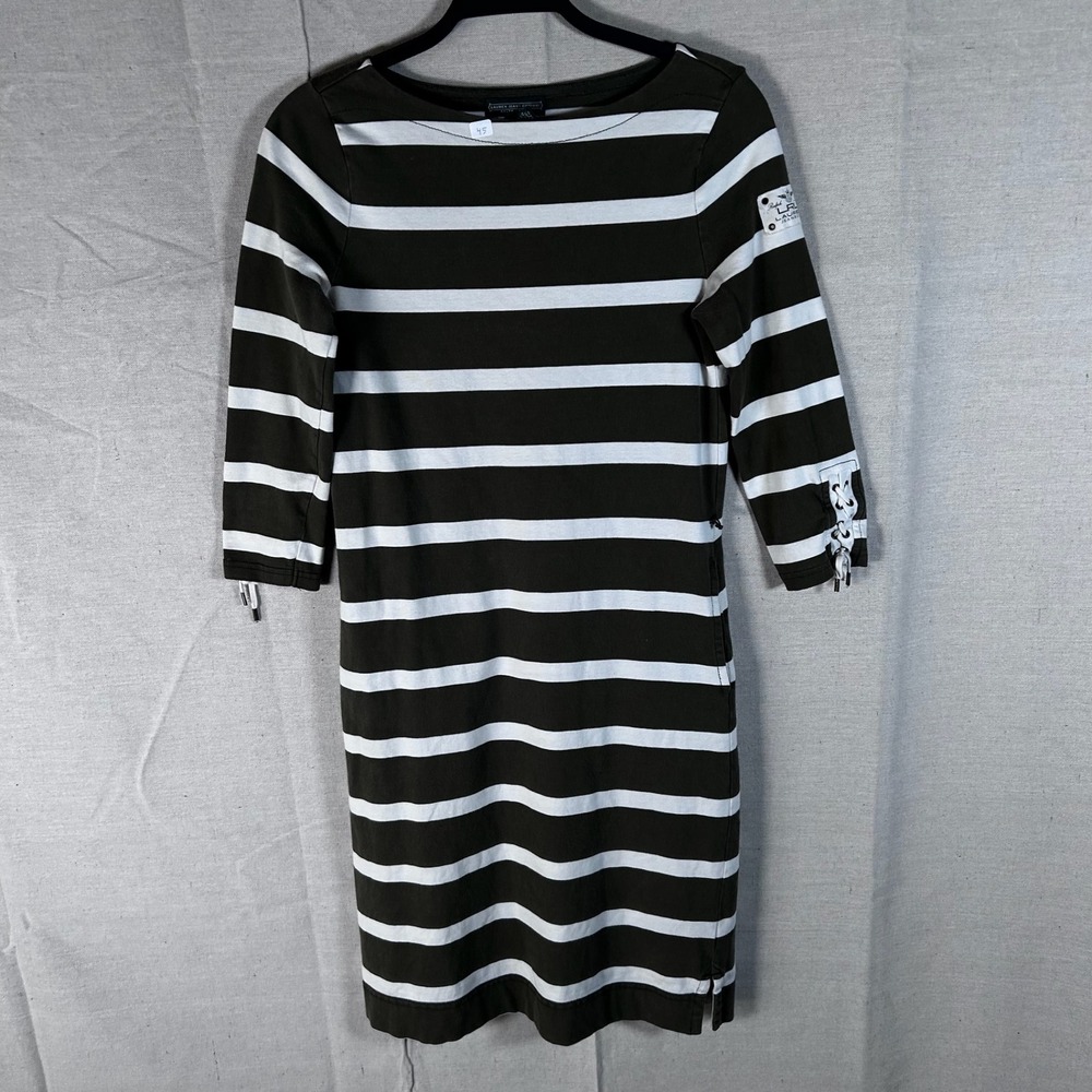 Lauren Ralph Lauren Olive Green Striped Cotton Lace Up Sleeve Dress XS